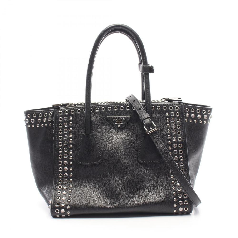Prada GLACECALF Bijou Studded Handbag Leather Black